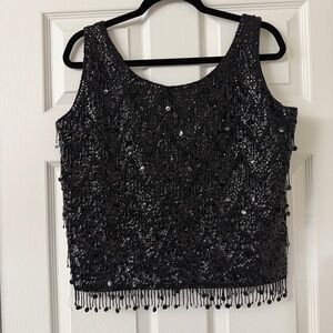 Vintage Black Sequins Beaded Fringe Evening Cocktail Top